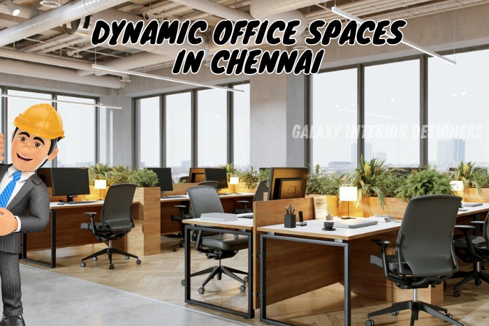 Dynamic office spaces in Chennai designed by Galaxy Interior Designers, featuring an open floor plan with modern desks, ergonomic chairs, and lush greenery