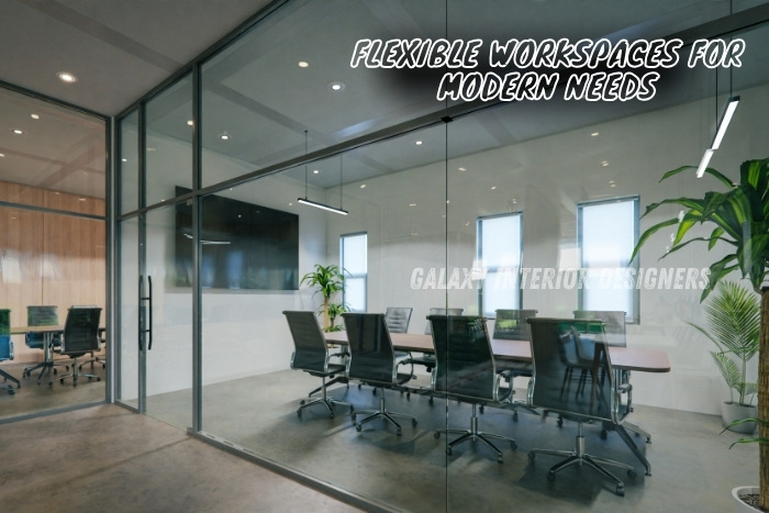 Modern glass-walled conference rooms and ergonomic office furniture for dynamic work environments by Galaxy Interior Designers