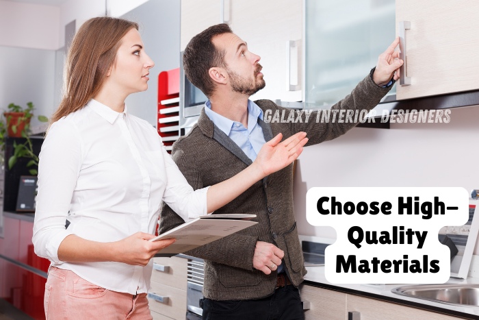 Clients exploring high-quality modular kitchen materials with Galaxy Interior Designers in Chennai, expert guidance and premium interior designs