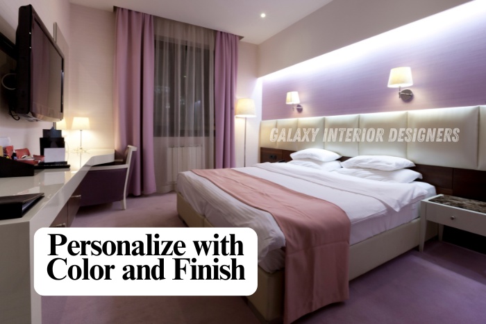 Stylish bedroom design with personalized color and finish by Galaxy Interior Designers in Chennai, creating a cozy and modern look for residential interiors