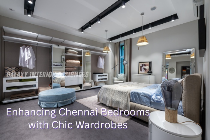 Elegant bedroom interior with modern wardrobes by Galaxy Interior Designers in Chennai, featuring stylish lighting