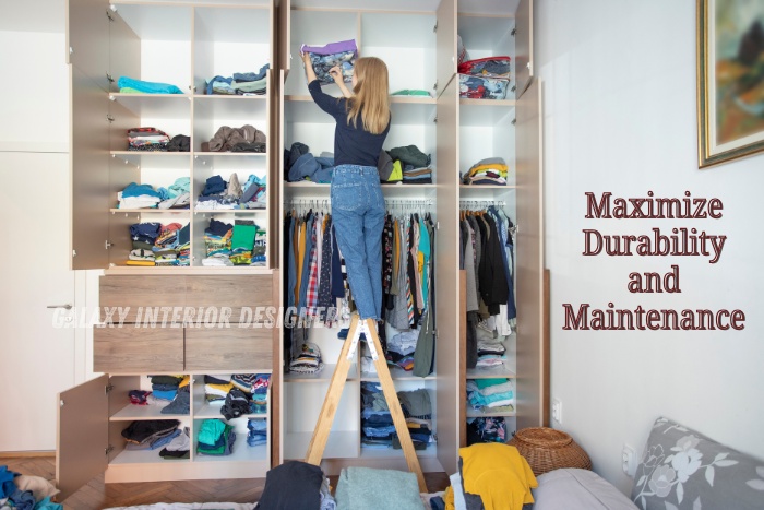 Spacious bedroom wardrobe design by Galaxy Interior Designers in Chennai, showing organized storage, durable materials