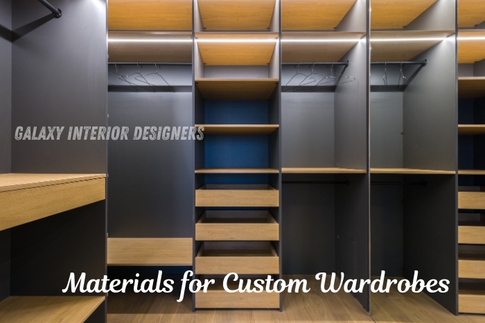 Premium materials used for custom wardrobe interiors by Galaxy Interior Designers in Chennai, showcasing modern wooden shelves