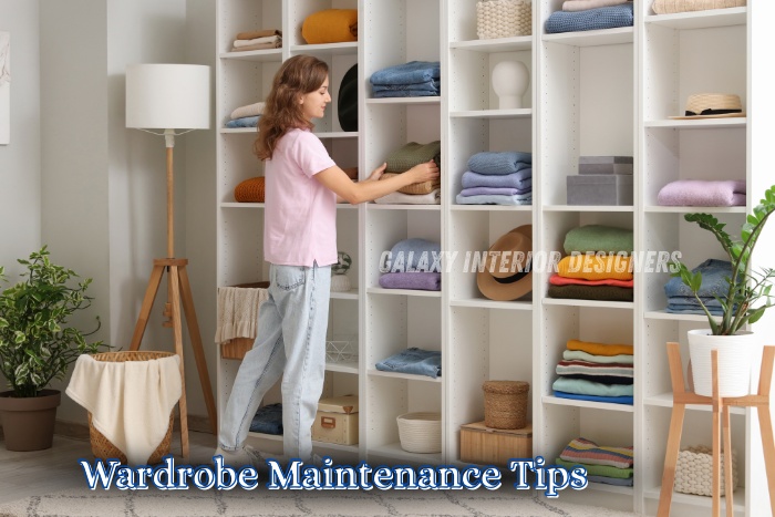 Wardrobe maintenance tips showcased by Galaxy Interior Designers in Chennai, featuring organized modular wardrobe shelves, folded clothing storage