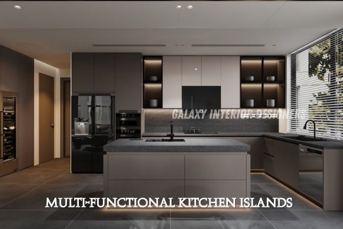 Multifunctional kitchen island design by Galaxy Interior Designers in Chennai, featuring a sleek modern modular kitchen layout